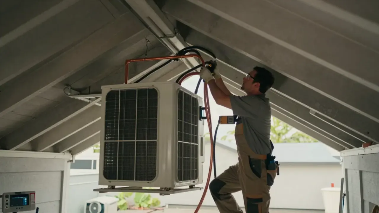 HVAC technician carefully installing a new air conditioning system at a Miami home