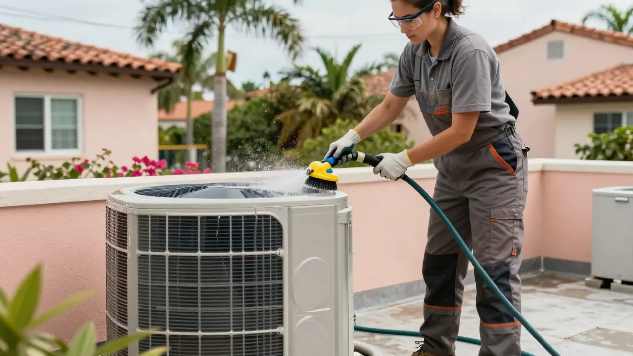 HVAC technician cleaning an outdoor AC condenser as part of AC maintenance in Miami