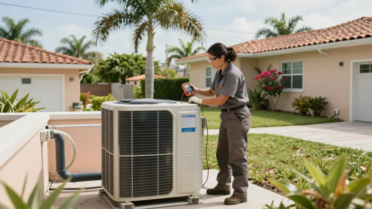 HVAC technician testing an air conditioner with a multimeter during an AC repair in Miami