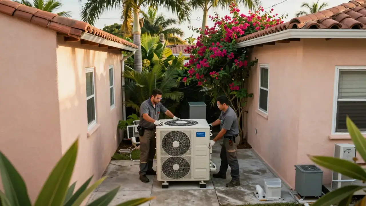 Two HVAC technicians replacing an old air conditioning unit in Miami