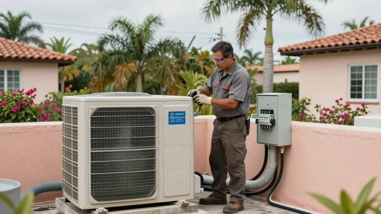 Technician handling an emergency AC repair on an outdoor condenser in Miami