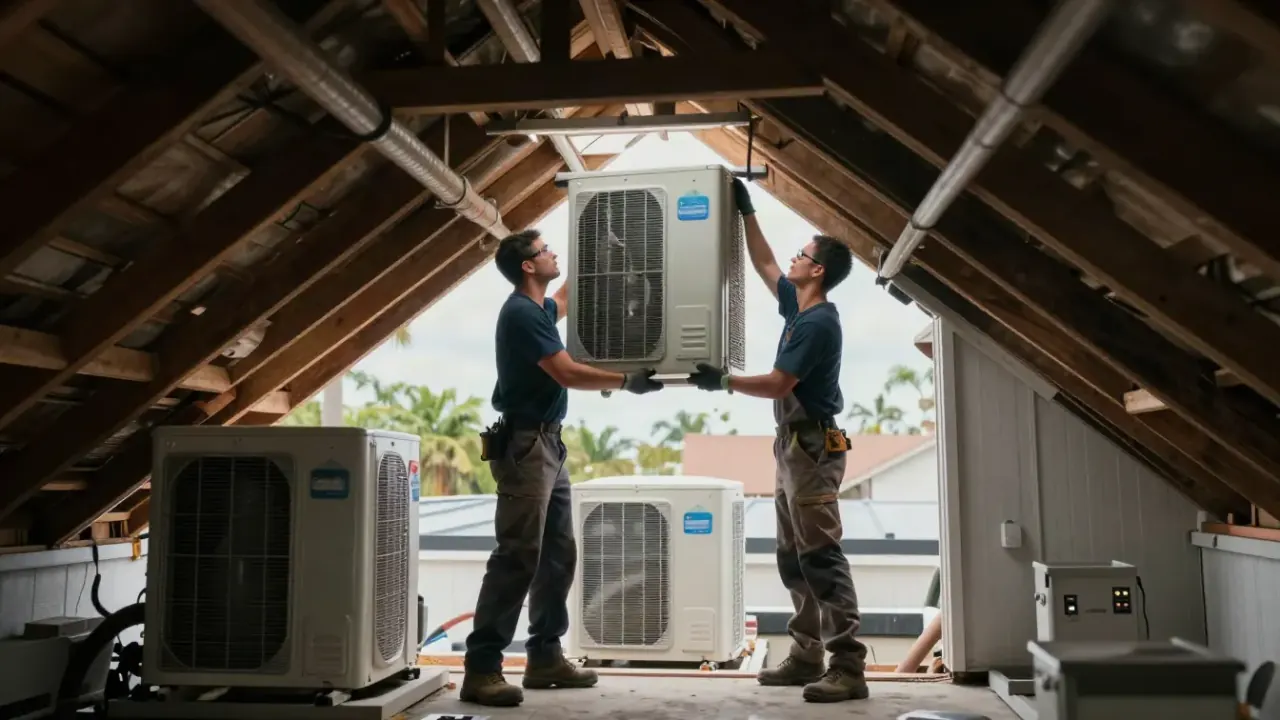 HVAC Contractor in Miami: Two HVAC technicians are collaborating to hoist a new air handler unit into a residential attic