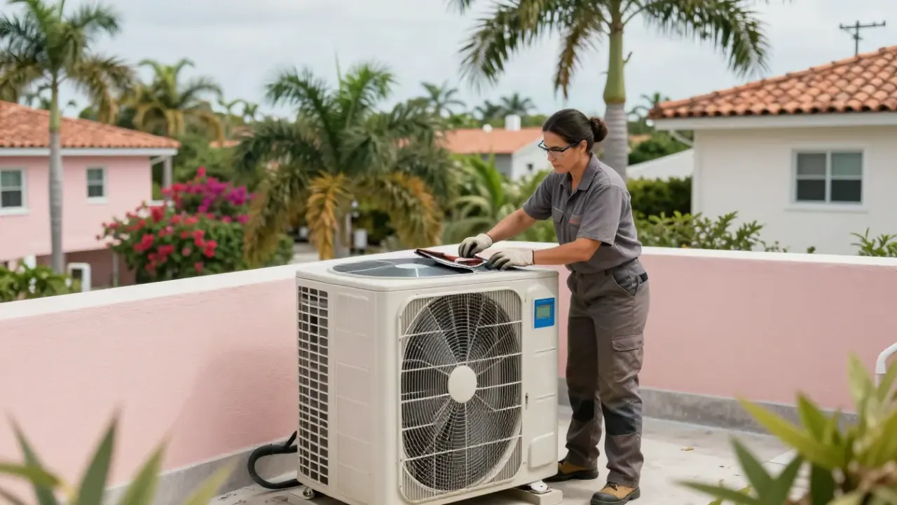 HVAC Contractor in Miami: HVAC technician is meticulously cleaning the fan blades inside an outdoor AC condenser unit, with