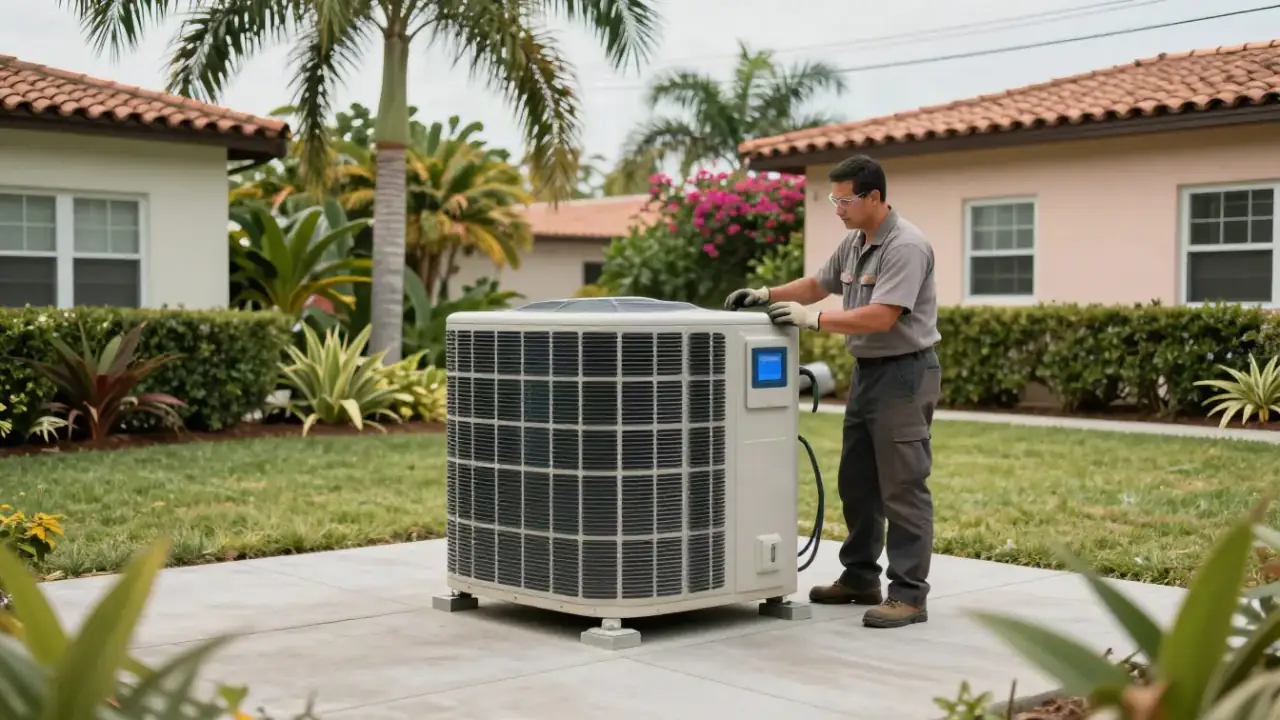 HVAC Contractor in Miami: wide shot of a pristine, newly installed outdoor AC condenser unit and a perfectly level concrete